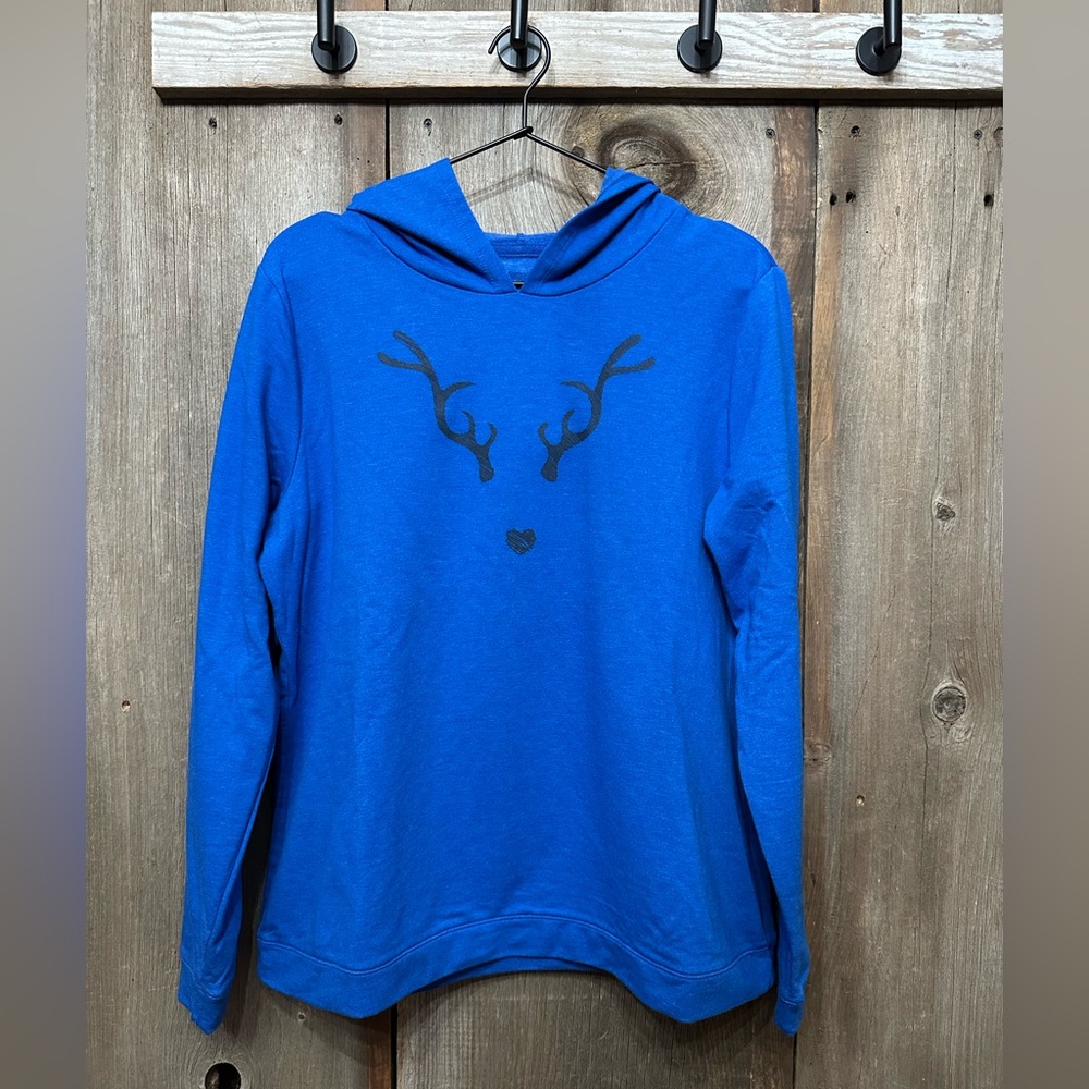 AnyBody Novelty Graphic Deer Hoodie in Blue Size Small